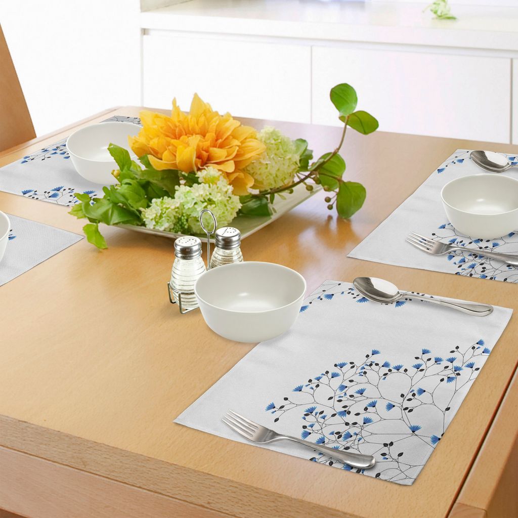 ABAKUHAUS Vintage Blau Platzmatten, Illustration der verzweigten blauen Anemone Blanda-Blumen und der kleinen Blätter, Digitaldruck auf Waschbaren...
