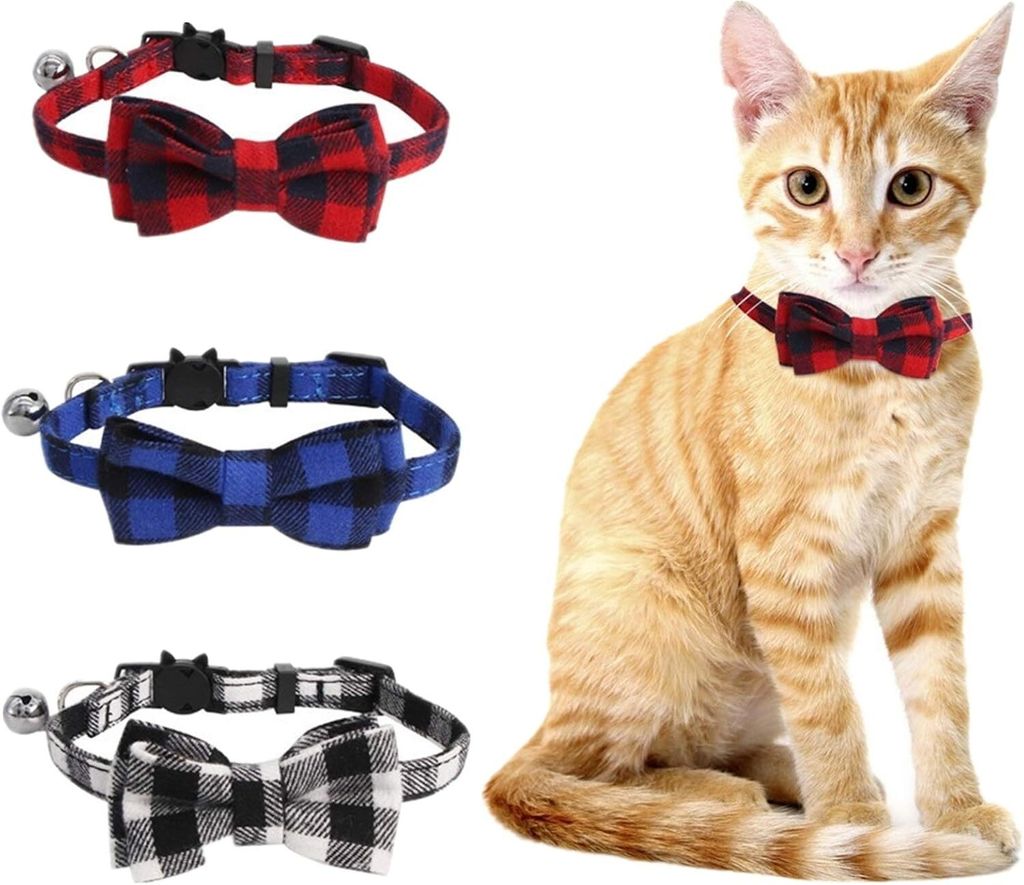 Halsbänder für Katzen, Halsband mit Glöckchen und Fliege mit Sicherheitsschnalle, verstellbare Halsbänder für Kätzchen und Katzen, 3-teiliges...
