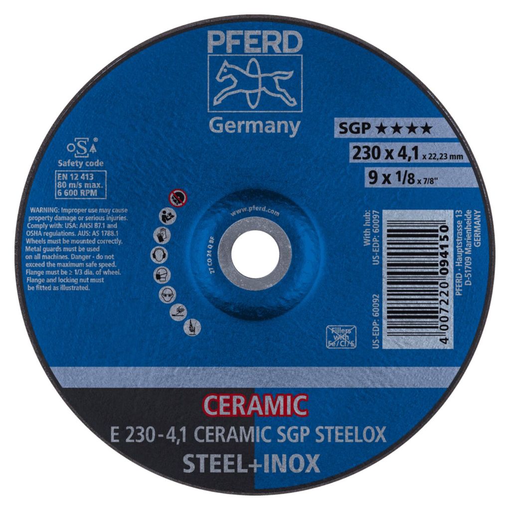 PFERD TOOLS Schruppscheibe E 230x4,1x22,23 mm CERAMIC Leistungslinie SG STEELOX für Stahl/Edelstahl 10 Stk