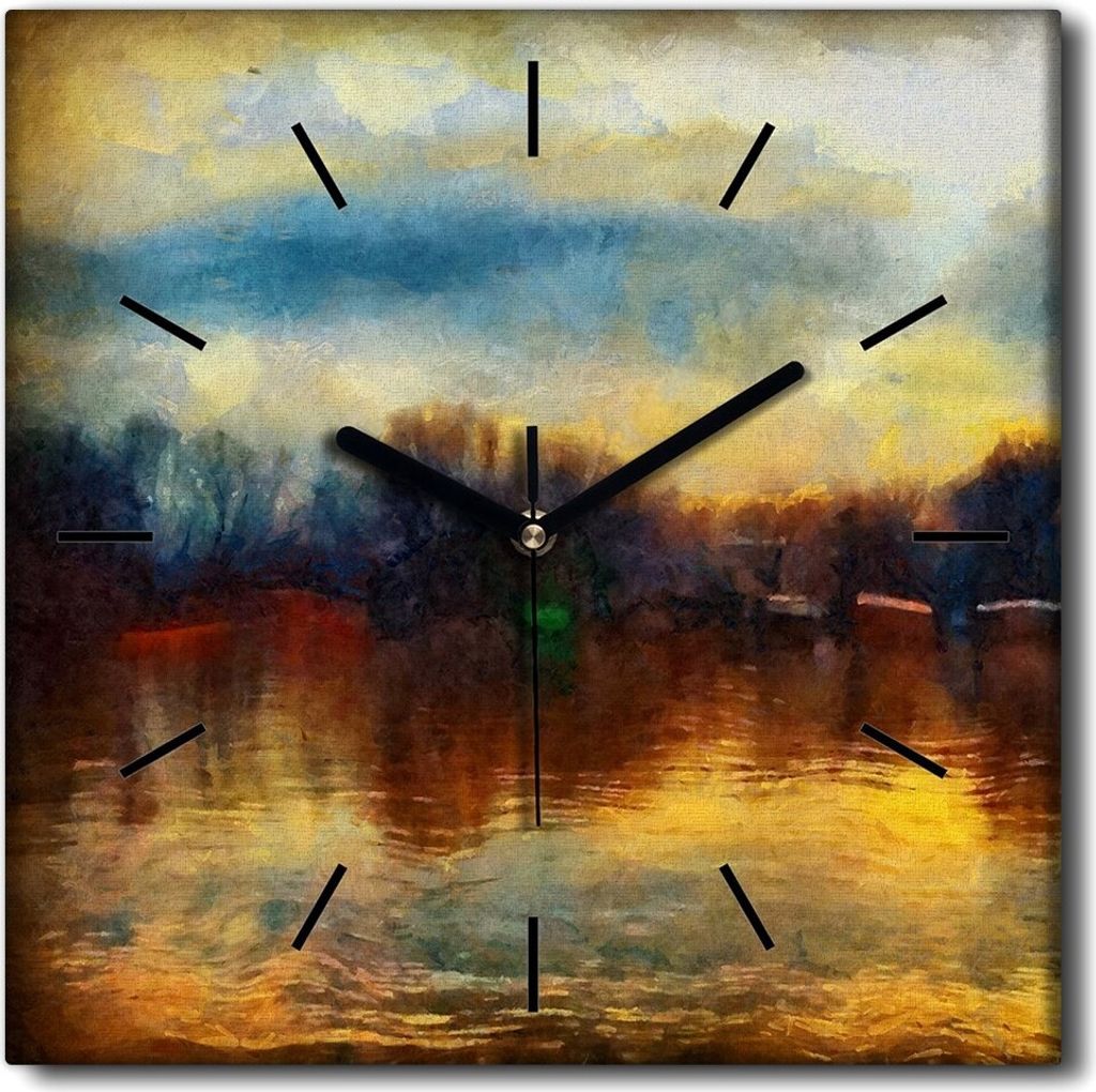 Coloray Uhr auf Leinwand 30x30 cm Wand Uhr Dekoration Wohnzimmer Segeltuch schwarze Hände -Lake Nature Sun.