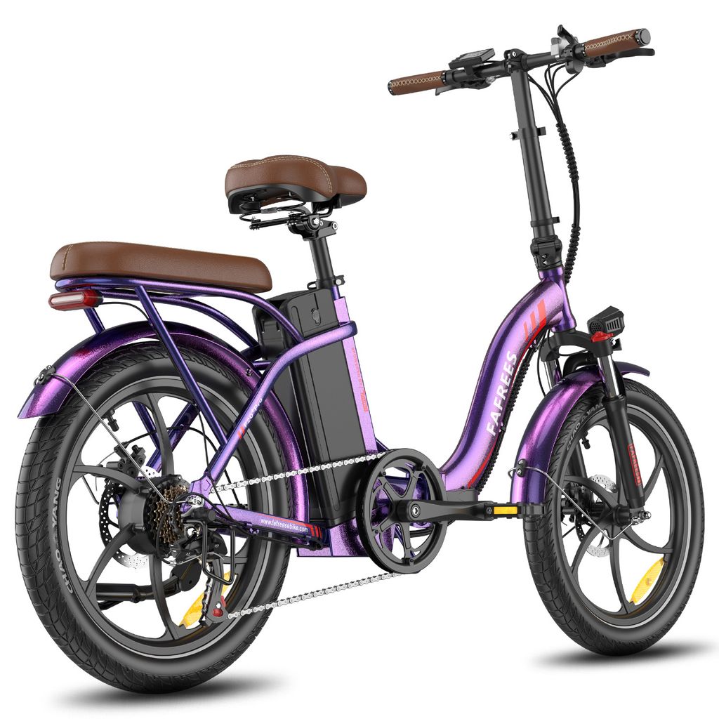 A purple electric folding bicycle is shown against a white background.