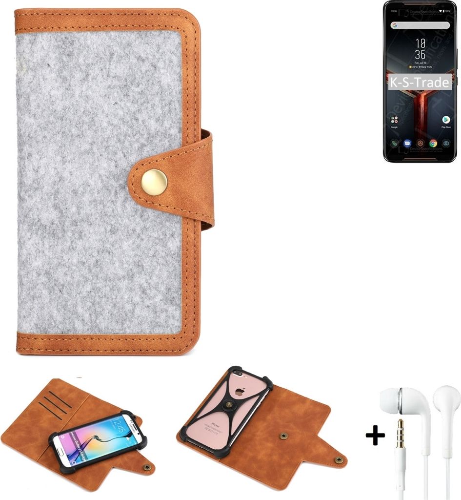 K-S-Trade Handyhülle + Kopfhörer kompatibel mit Asus ROG Phone II Schutzhülle Filz Hülle Kunstleder hellgrau braun (1x)