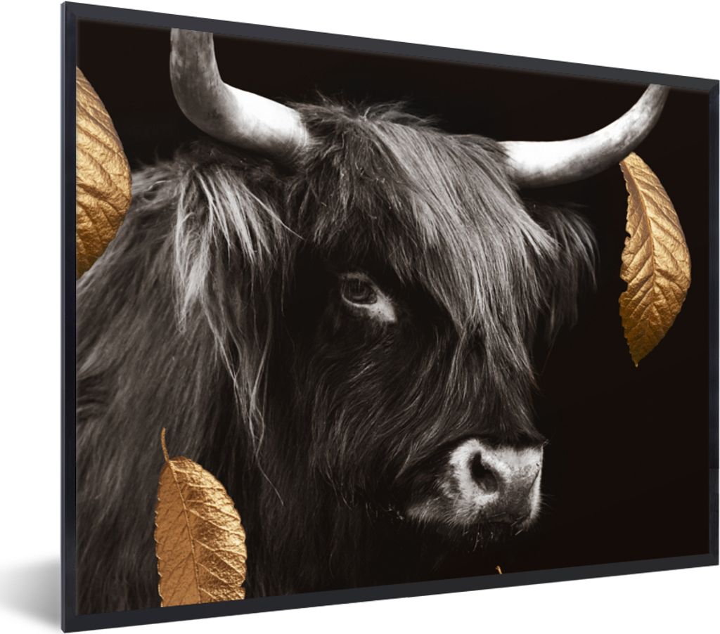 MuchoWow Gerahmtes Poster Schottischer Highlander - Blätter - Schwarz & Gold 40x30 cm - Poster mit Schwarzem Bilderrahmen Wandposter Rahmen Foto...