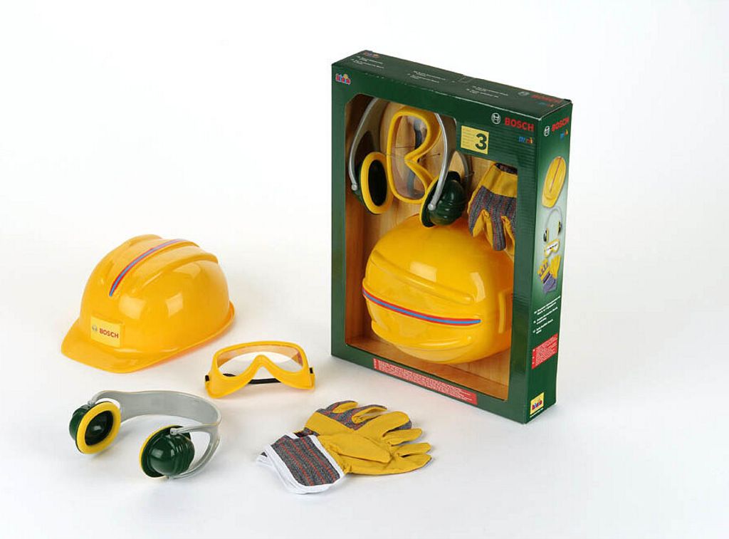 A set of children's toy construction accessories, including a hard hat, goggles, headphones, and gloves, displayed both individually and in its packaging.