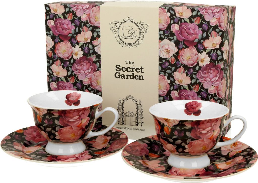 DUO FLORAL 2er-Set Espressotassen 100 ml SPRING ROSES BLACK mit Untertassen, New Bone China Porzellan