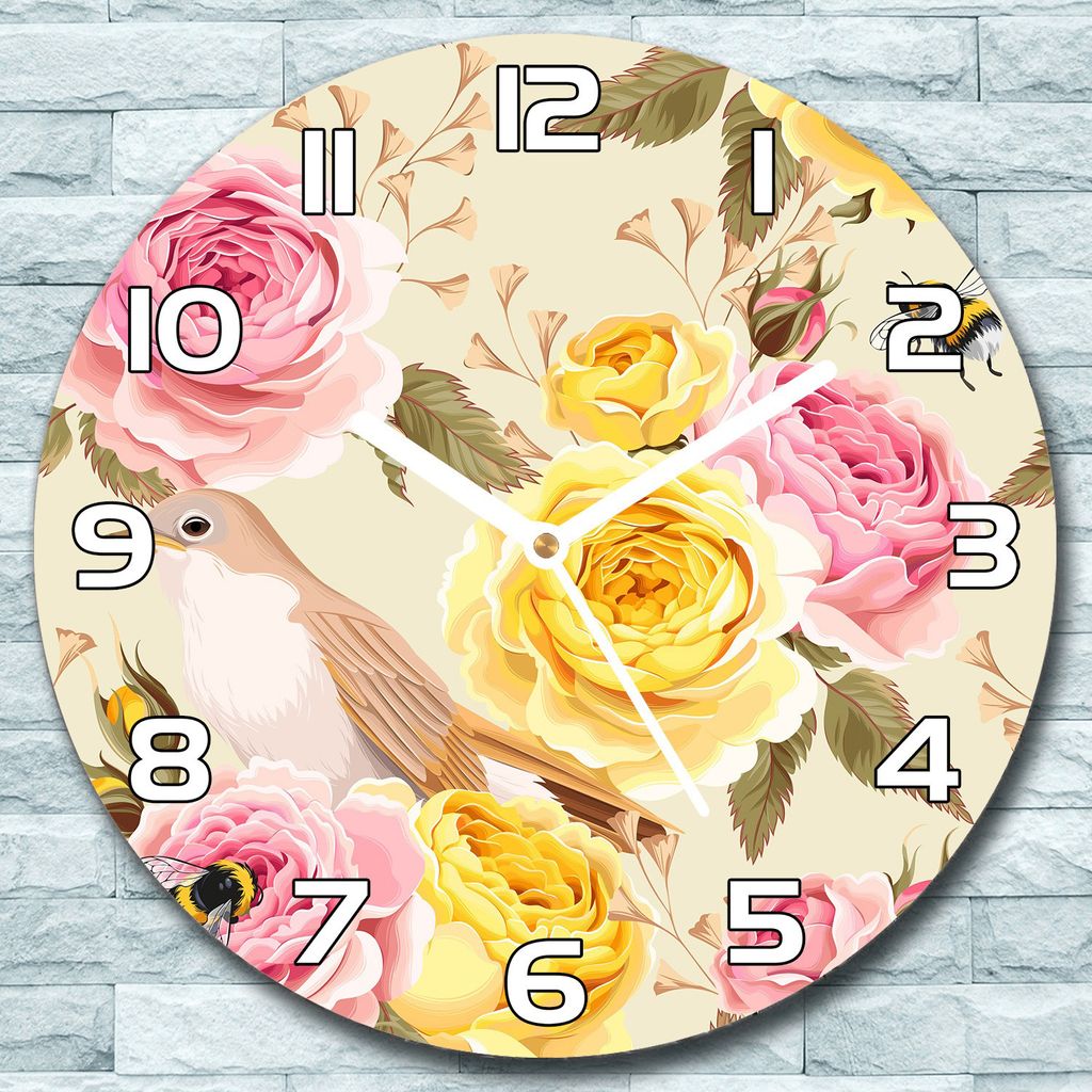 Wanduhr aus Glas Rund fi 30 Englisch Rosen Vögel Quarz Deko Schlafzimmer Büro