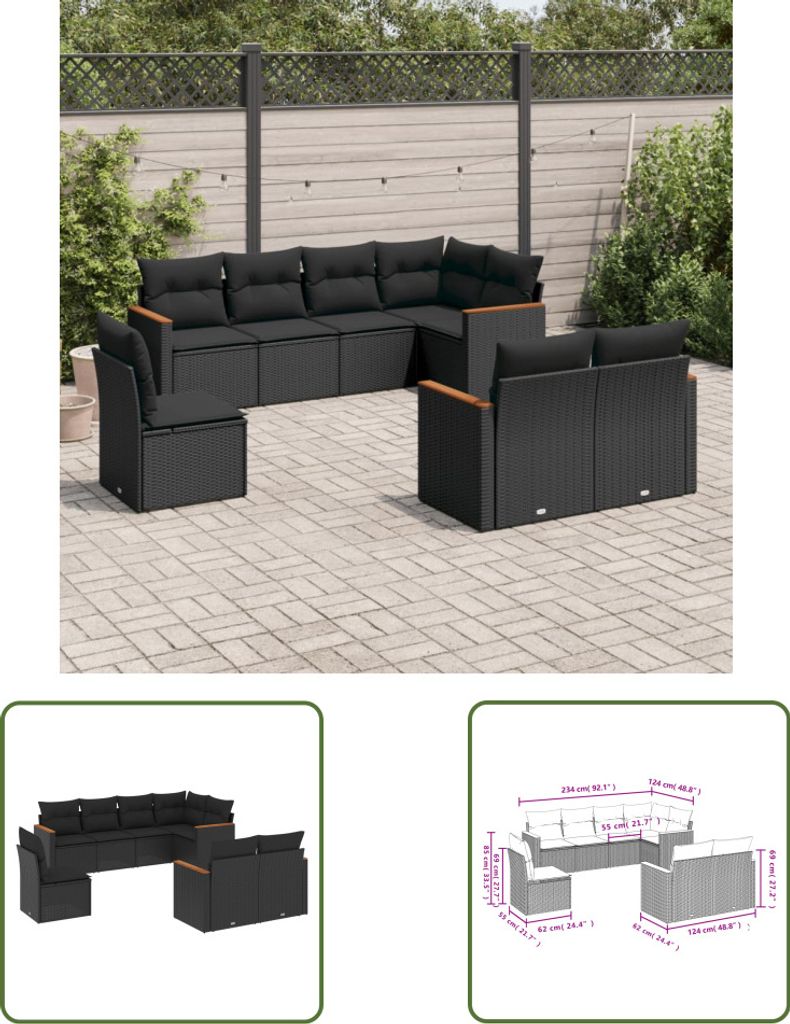The Living Store 8-tlg. Garten-Sofagarnitur mit Kissen Schwarz Poly Rattan