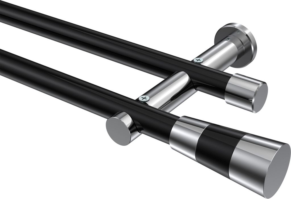 Interdeco Gardinenstange / Vorhangstange Schwarz / Chrom, Typ Platon Tanara (Konus Bicolor) ohne Ringe, 20 mm Ø 2-läufig, 100 cm