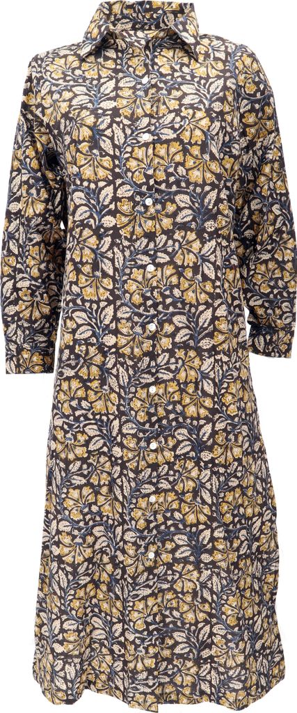 Boho Hemdkleid, Lange Geschlitzte Tunika Blockdruck - Dunkelbraun/curry, Damen, Baumwolle, Größe: L