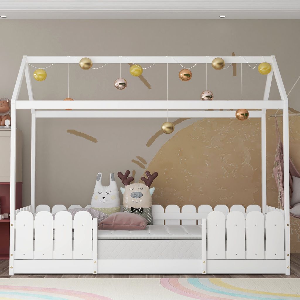 Weiß Hausbett 90x200 cm - vielseitiges Holz Kinderbett für Jungen & Mädchen - Mit Rausfallschutz und Lattenrost (Ohne Matratze)