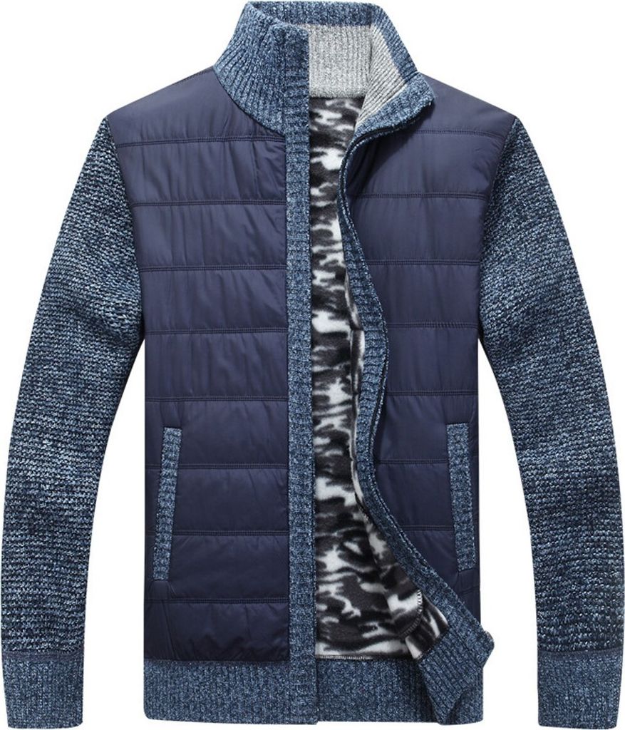 ASKSA Herren Stehkragen Strickjacke Warm Fleece Gestrickt Cardigan Wintermantel mit Reissverschluss Mantel, Blau, L
