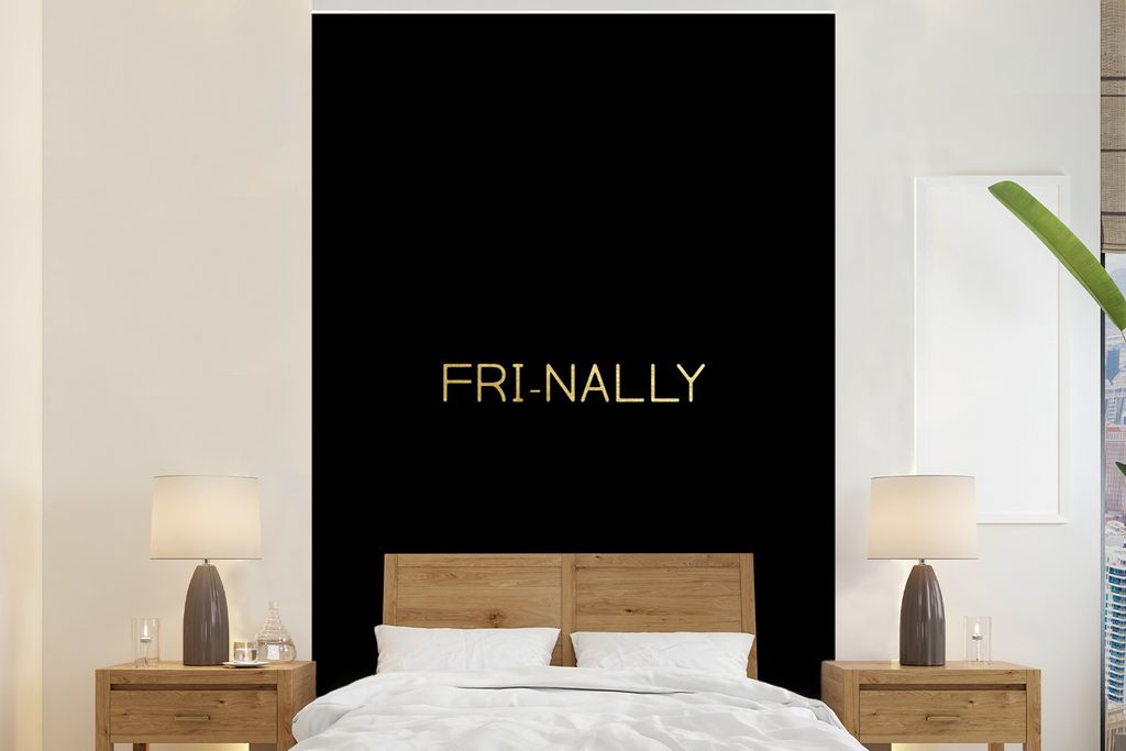 MuchoWow Fototapete für Wohnzimmer oder Schlafzimmer Wandtapete Vinyl Motivtapete Zitat - Freitag - Gold - Schwarz - 155x240 cm - Tapete