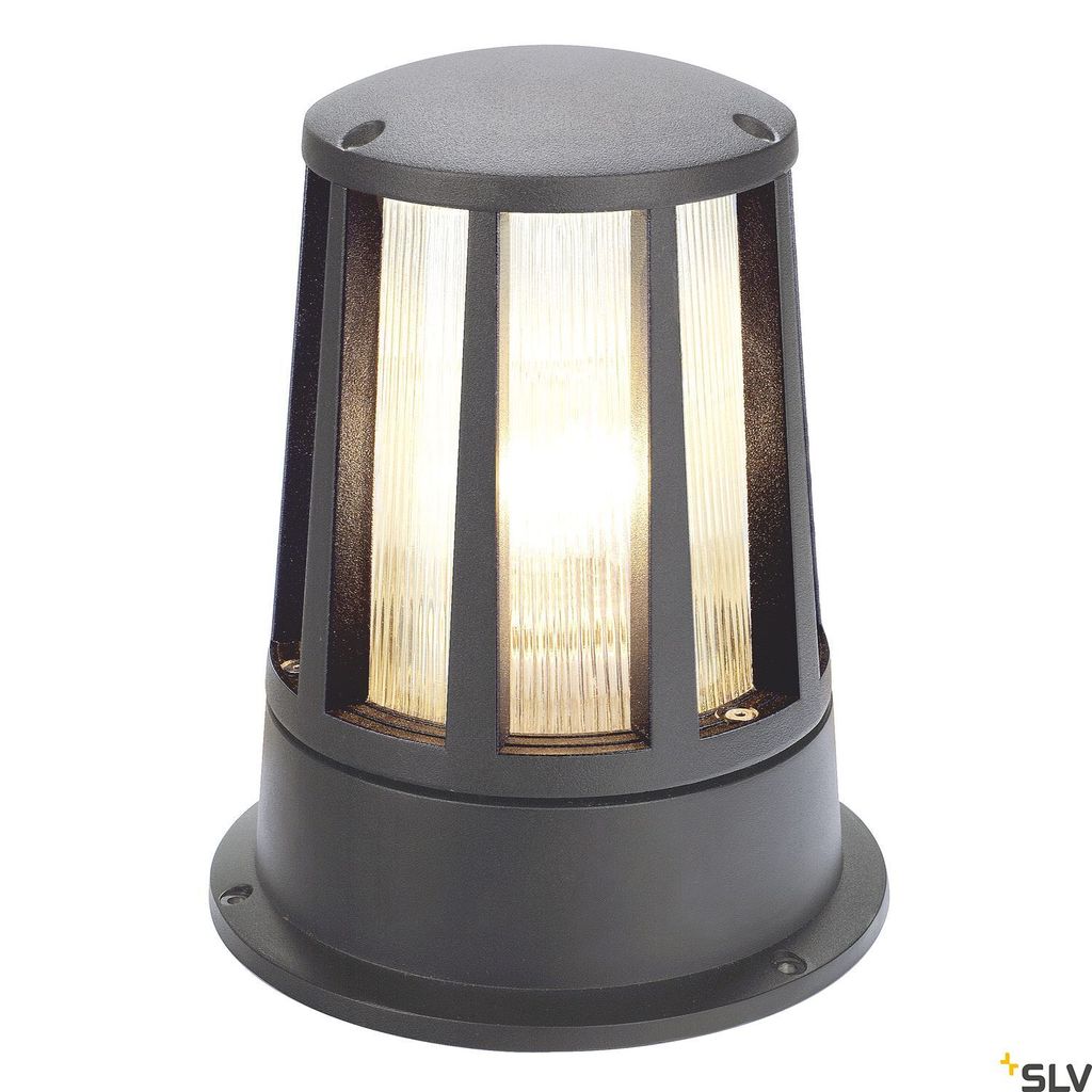 A dark gray outdoor lamp with a cylindrical base and a fluted glass shade, illuminated from within.