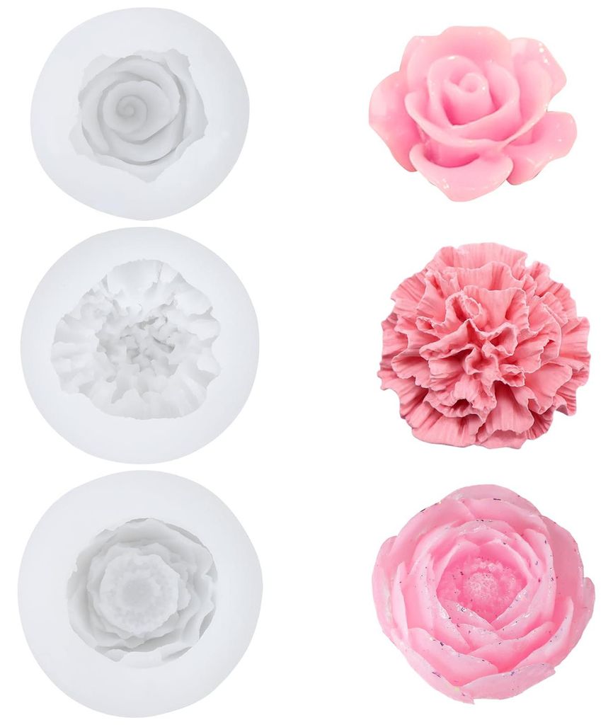 3 Silikonformen – Kerzenformen, Rosen, Nelken, Pfingstrosen, 3D-Blumen