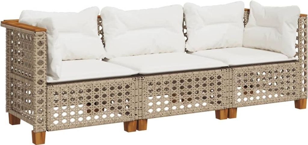 A three-seater sofa with white cushions and a woven beige frame, shown against a white background.