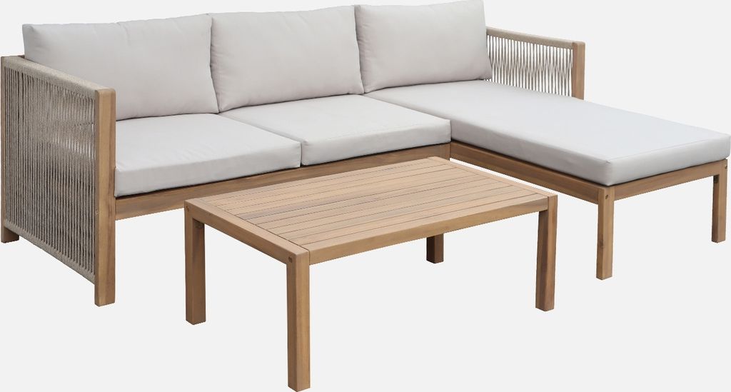 An outdoor furniture set consisting of a sectional sofa and a coffee table, presented against a white background.
