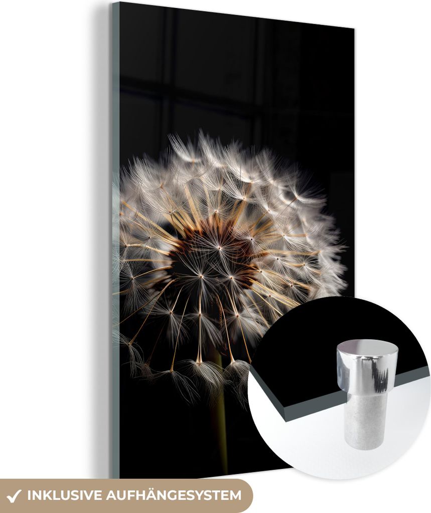 MuchoWow Glasbilder - Bilder auf Wandbild - Foto auf Glas Blumen - Natur - Löwenzahn - Schwarz - Porträt 40x60 cm Wanddekoration aus Glas - Acryl...