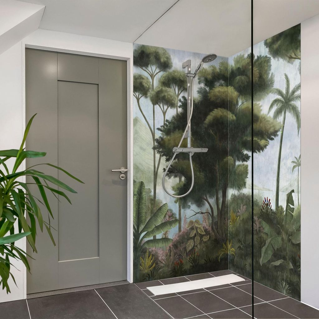 Duschrückwand Wald selbstklebend - 0.35 mm Wandpaneel wasserfest Dschungel grün Tropisch Badrückwand fugenlos Smart matt 110x200 cm