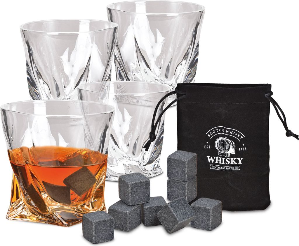 1.05 Whisky Set mit 4 Gläsern, 8 Eiswürfel aus Basalt und Samtbeutel