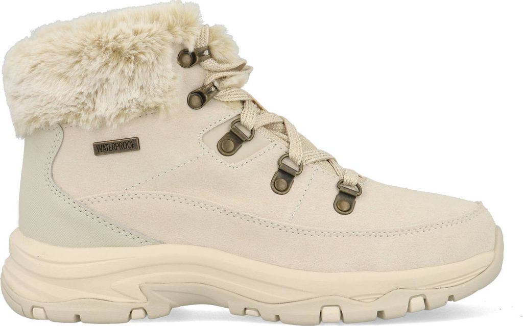 A single beige winter boot with fur trim is shown against a white background.