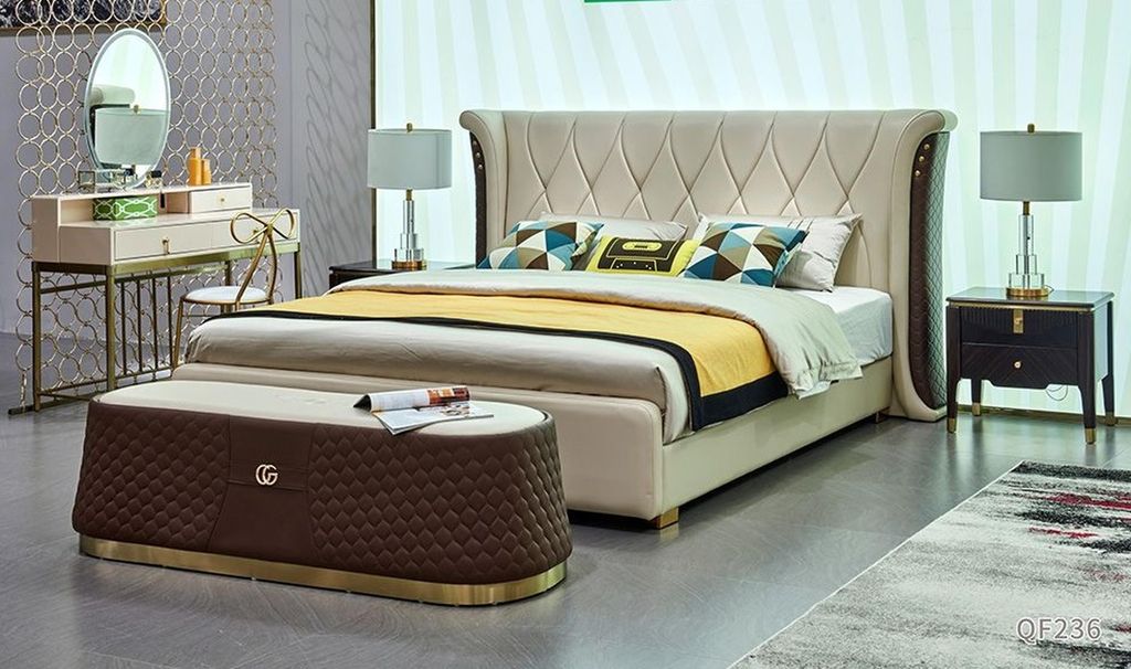 Leder Luxus Betten Bett 2x Nachttische Hocker Doppelbett 4tlg. Set Schlafzimmer