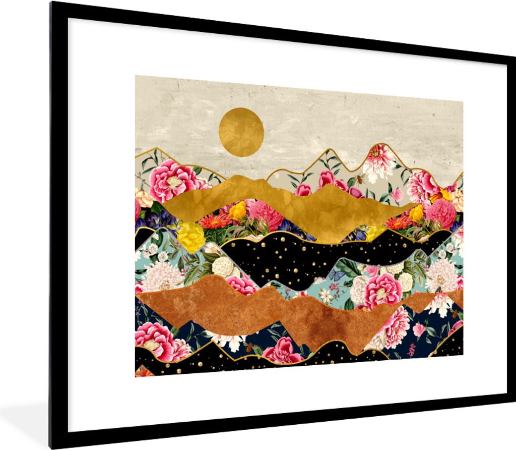 MuchoWow Gerahmtes Poster Gold - Blumen - Druck - Abstrakt - Landschaft - Muster 80x60 cm - Poster mit Schwarzem Bilderrahmen Wandposter Rahmen F...