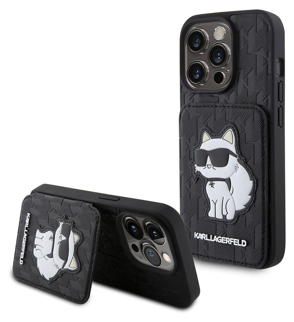 Hülle Case iPhone 15 Pro Karl Lagerfeld aufstellbar Katze Kunstleder schwarz