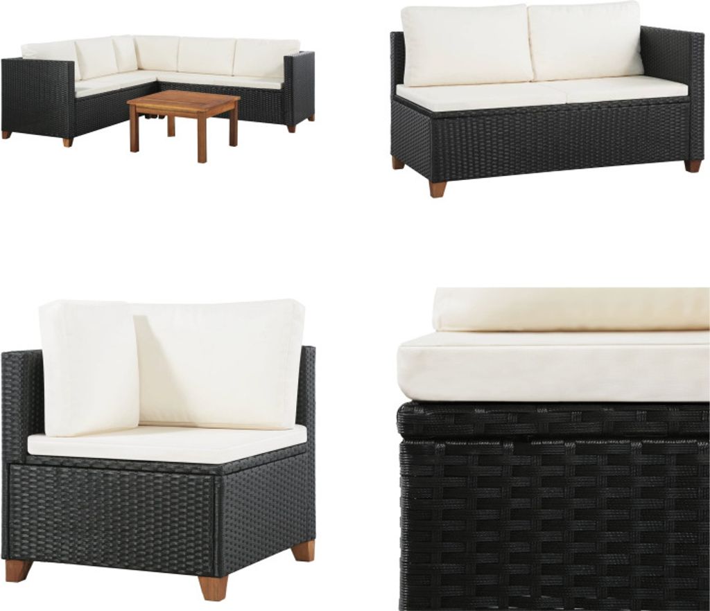 vidaXL 4 tlg. Garten Lounge Set mit Auflagen Poly Rattan Schwarz - Garten-Sofagarnitur - Garten-Sofagarnituren - Gartensofa-Set - Gartensofa-Sets