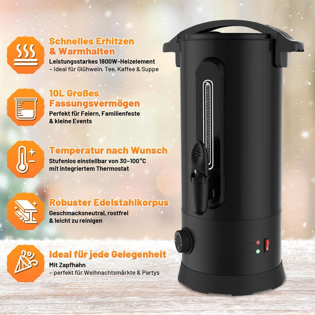 Vigevee Glühweinkocher 10 L, 1500 W, Schwarz, mit