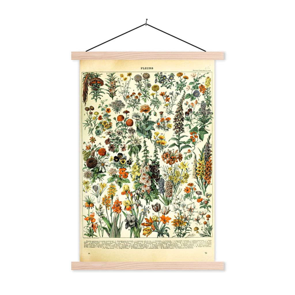MuchoWow Textilposter Blumen - Pflanzen - Vintage - Adolphe Millot - Kunst 120x180 cm mit holzfarbenen Rahmen - Textil-Plakat
