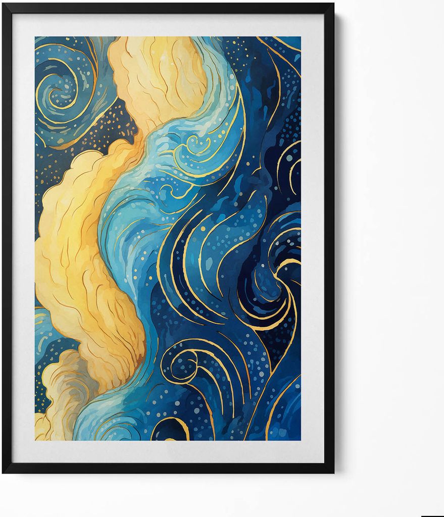 Wolkenabstraktion mit Gold– Wandbild mit Rahmen – Gerahmtes Bild – Wanddekoration – 70x100 cm – Schwarz Rahmen