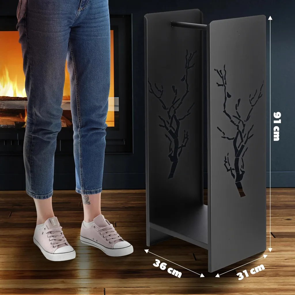 Range-bûches vertical 90 cm en métal noir pour intérieur avec tapis - 3