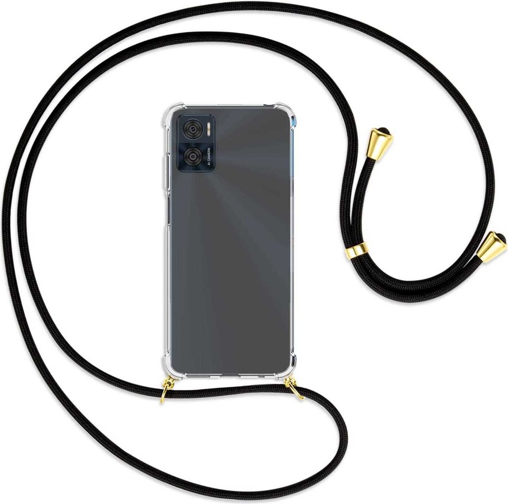Handykette Backcover-Schutzhülle mit Band (Metall goldfarben) für Motorola Moto E22, Moto E22i 4G - schwarz