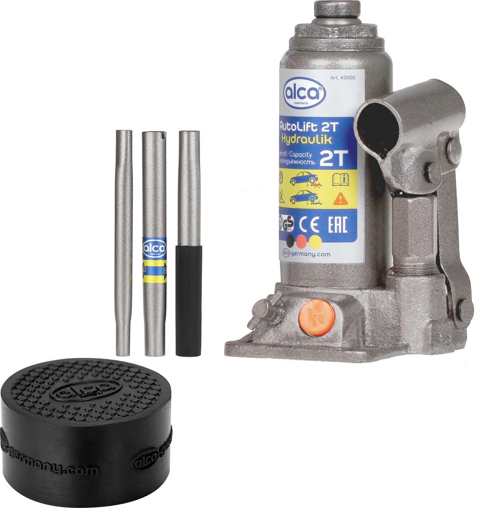 alca Hydraulischer Wagenheber 2t I Auto Lift Set + Gummiauflage RubberPad S I Unterstellheber Set Hubhöhe 158–308 mm Anti-Rutsch robust & lang...
