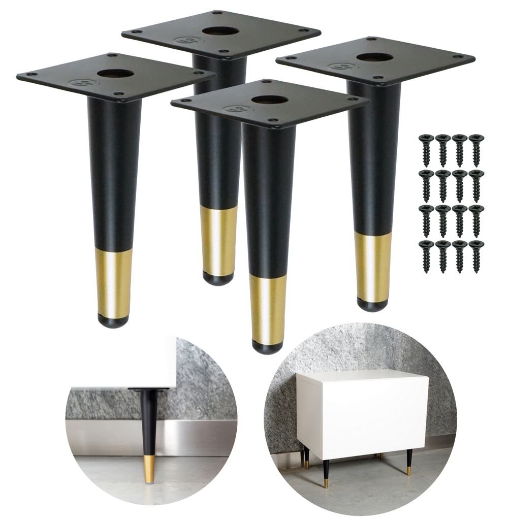 Stahl Möbelbein konisch 15 cm, mit Montageplatte und Schrauben, schwarz + Messing, 4 Stück