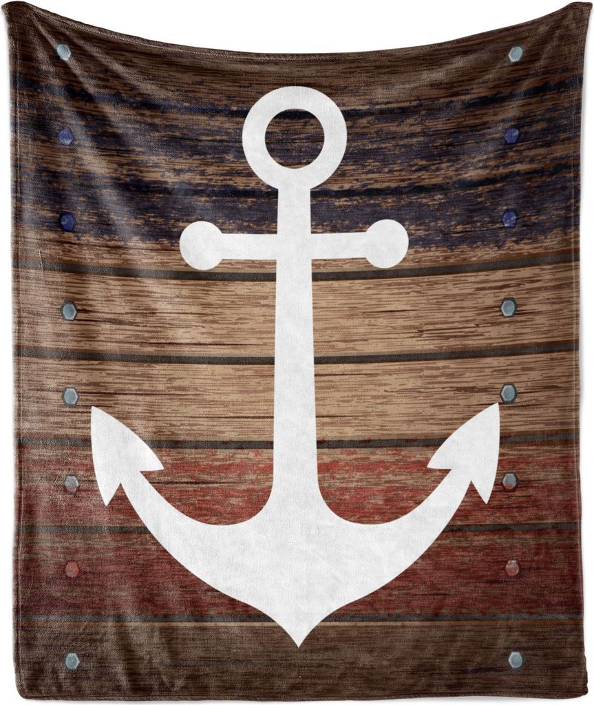 ABAKUHAUS Marine Weich Flanell Fleece Decke, Boat Themed Anchor Marine Wasser Antiqued rustikale hölzerne West, 175 x 230 cm, Braun weiß