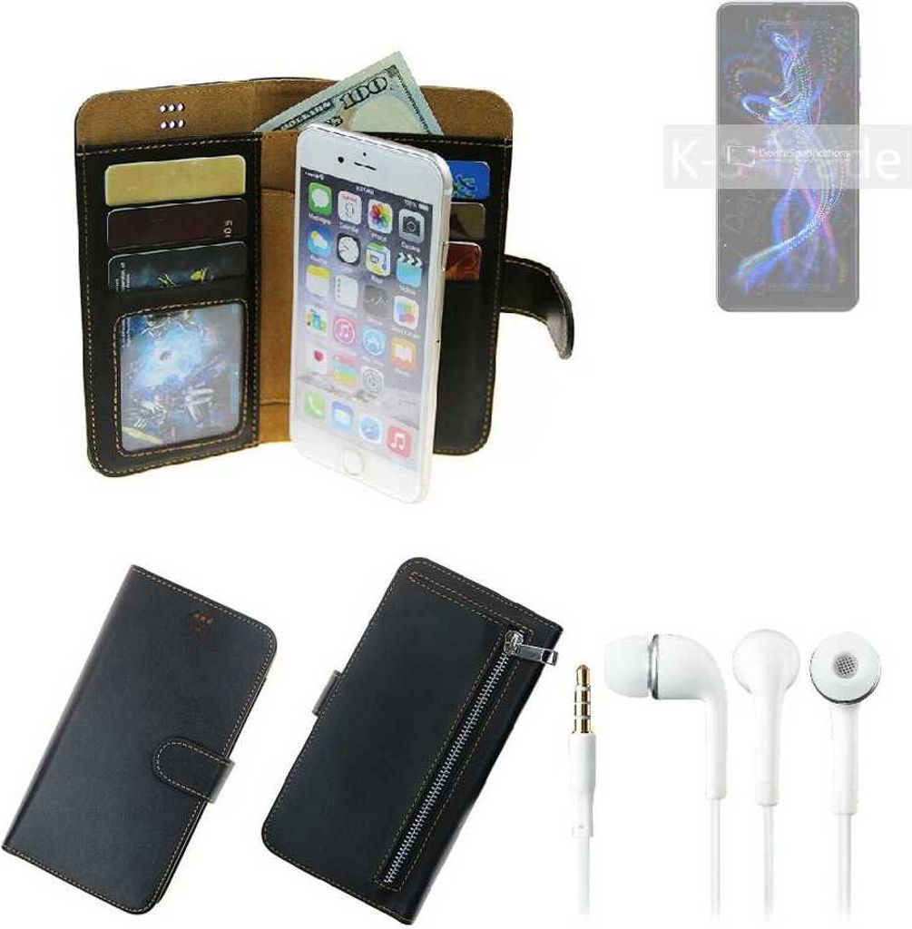 TOP SET Handy Hülle Schutz Hülle kompatibel mit Sharp Aquos R5G schwarz aus Kunstleder + Kopfhörer Smartphone Tasche vollwertige Geldbörse