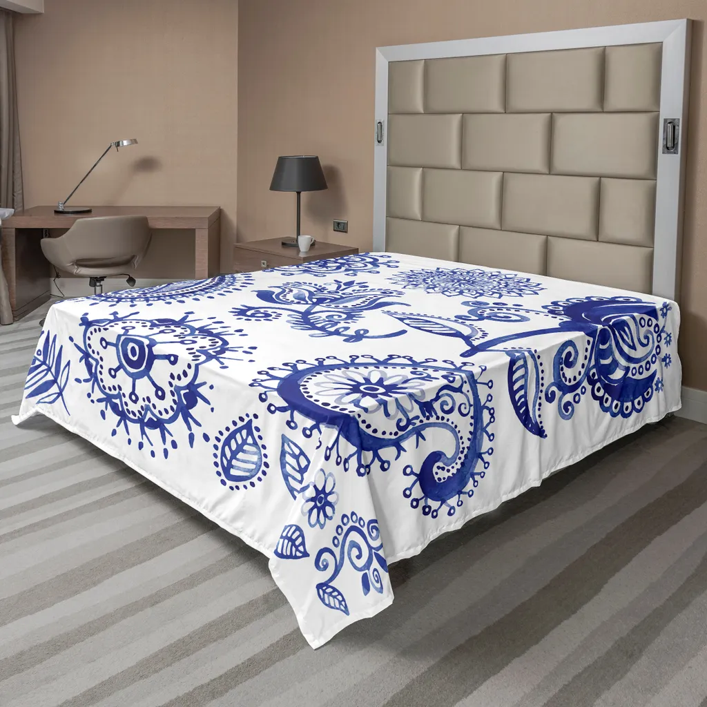 ABAKUHAUS Lenzuolo blu e bianco, motivi artistici vintage in stile acquerello Paisley Mandala con fiori, lenzuolo morbido e confortevole per un letto decorativo 1 pezzo 244 cm x 205 cm, blu navy bianco