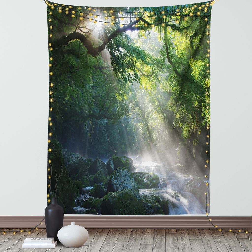 ABAKUHAUS Regenwald Wandteppich, Dschungel Steine unter Schatten Bäume Sonnenstrahlen Morgen Natur Foto Muster, Wohnzimmer Schlafzimmer Seidiger S...