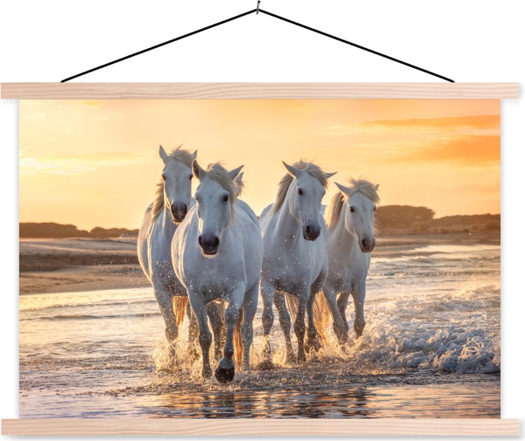 MuchoWow Textilposter Pferde - Wasser - Strand - Tiere 60x40 cm mit holzfarbenen Rahmen - Bilder