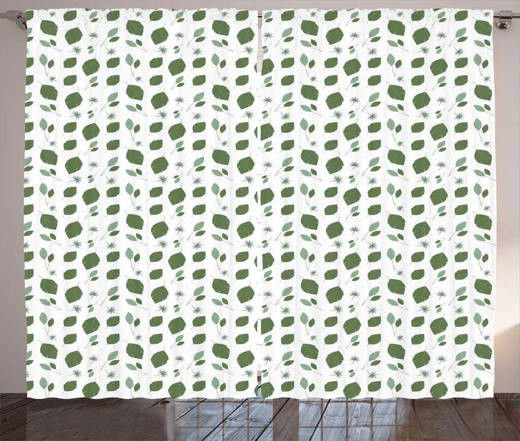 Rideau Grande Largeur avec Crochets et Boucles Motif Feuille Verte