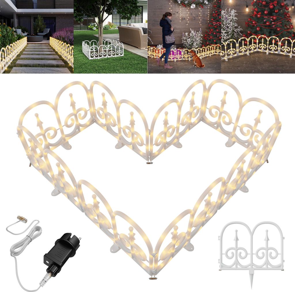 LZQ LED Weihnachtsbaum Zaun 3,75 m, 10 weißer Lattenzaun Bogenform, 320 LEDs, 8 Lichtmodi, warmweiß, IP44, flexibel, Garten, Weihnachtsdeko