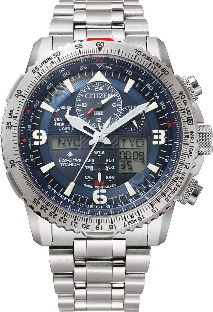 A close-up, front-facing studio shot of a men's Citizen Promaster Sky Chronograph watch against a white background.