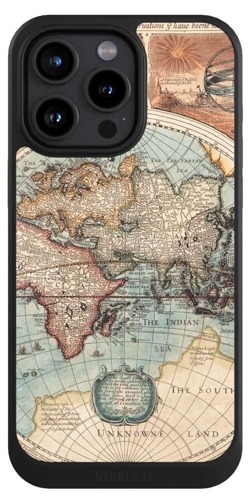 NIVOCASE Hülle für Apple iPhone 15 Pro Max Handyhülle NIVOcore Case Schwarz Landkarte Vintage Weltkarte