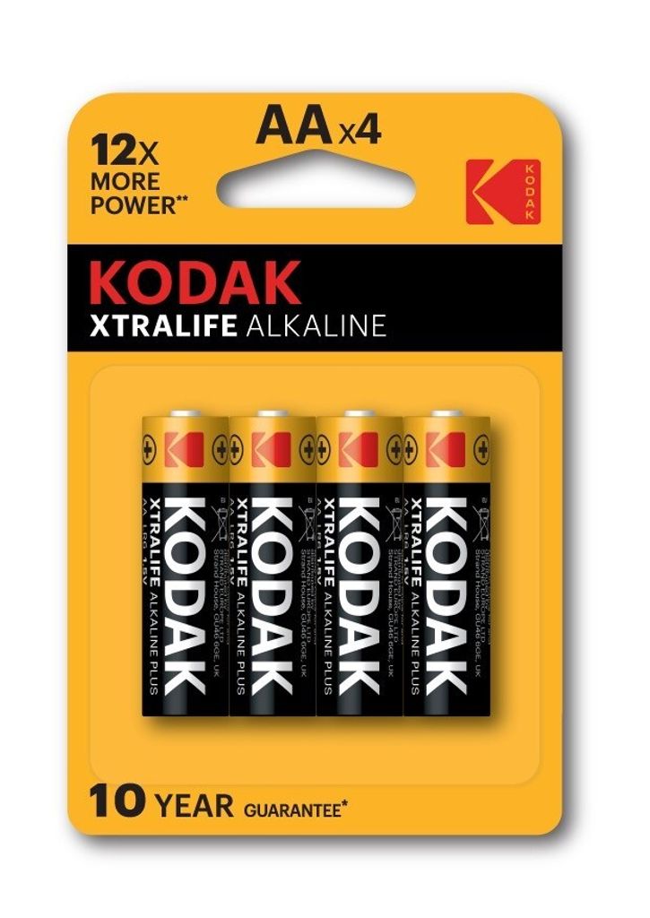 A retail package of four AA Kodak Xtralife Alkaline batteries.