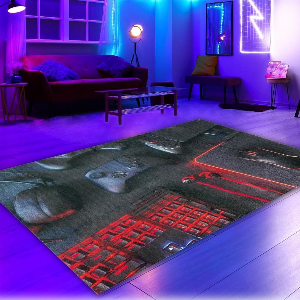 Epischer bedruckter Gaming-Teppich mit Konsole und Joysticks in elegantem Schwarz und leuchtendem Rot Größe - 200 x 290 cm