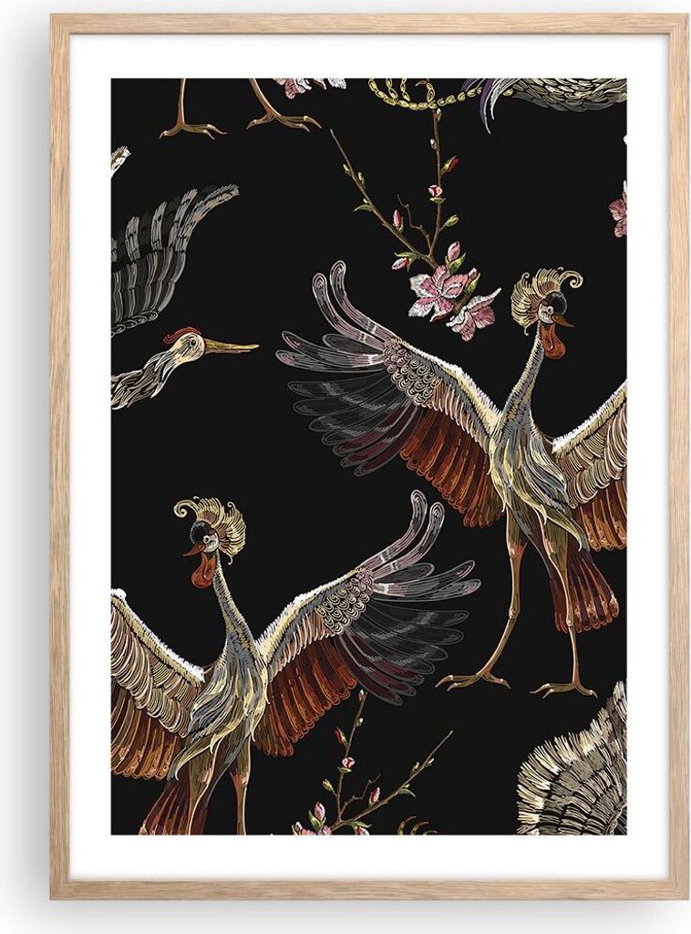 Gerahmtes Poster - Rahmen in heller Eiche - Asiatisch Vögel Verziert - 50x70 cm - Wand Bild - Wanddeko - Wandbilder - Kunstposter - Wandposter - B...
