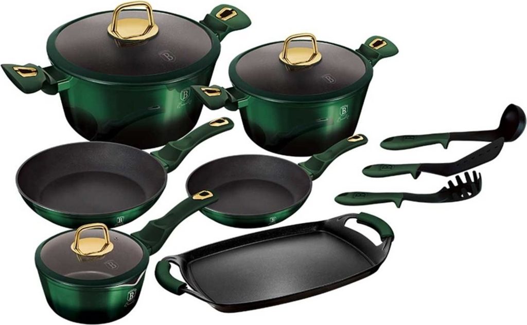 A collection of cookware and kitchen utensils arranged on a white background.