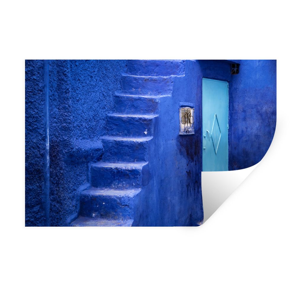 MuchoWow Wandtattoo Wandsticker Wandaufkleber Architektur - Blau - Treppe - Tür 120x80 cm Selbstklebend und Repositionierbar - Selbstklebend - F...