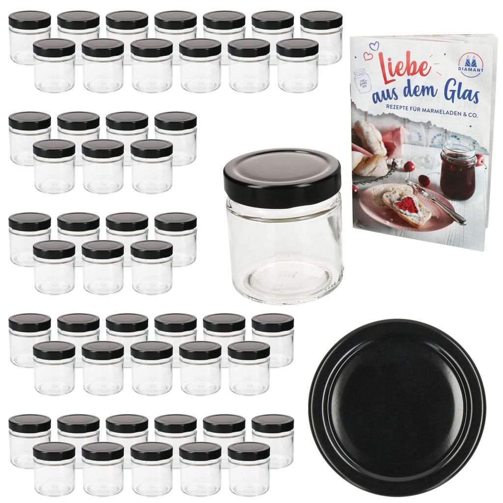 50er Set Marmeladenglas 212ml Deep Deckel Schwarz & Heft Hochrandglas